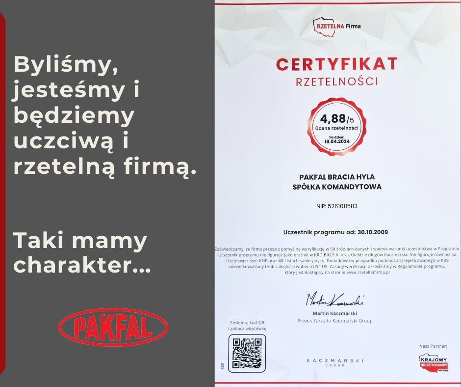 Certyfikat rzetelności dla firmy PAKFAL opakowania