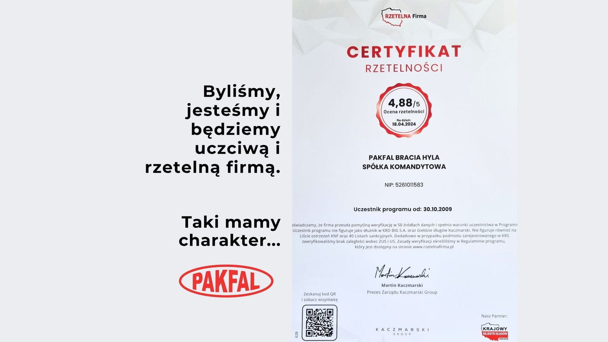 Certyfikat rzetelności dla firmy PAKFAL opakowania
